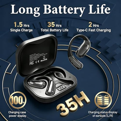 Open Ear Headphones, Wireless Headphones with Smart Digital Display & Mic | (Black) Open Ear Earbuds 35H Playtime, Sweat Resistant & Waterproof, Secure Comfortable Fit - Running, Sport, Driving, Daily - color: Black