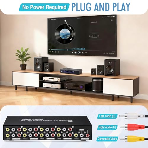 8 Way AV Switch, RCA Switcher with 4 FT RCA Cable, 8 in 1 Out | Composite Video L/R Audio Selector Box, 8 Port AV Selector Switch Plug & Play for DVD STB Console, Yellow/White/Red Connector - size: 8.5 x 3.2, style: 8 in 1 Out
