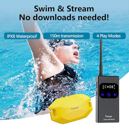 Tayogo Rock PRO W24 Swimming Headphones – Bone Conduction Waterproof Headphones for Swimming, 4-in-1 MP3 Player 32GB, Bluetooth 5.4, FM Radio (Yellow) - color: Yellow