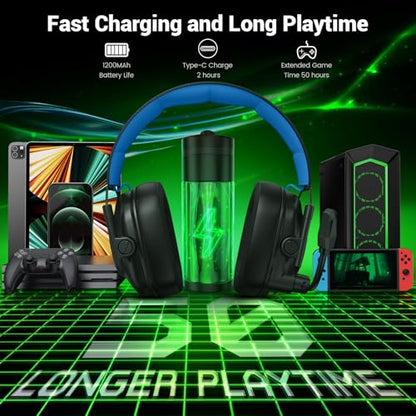 2.4 GHz Wireless Gaming Headset with Microphone,Low Latency,50mm Drivers | For PC,PS5,PS4,Switch,Mac,Bluetooth 5.4 Gaming Headphones,Noise Canceling, Lightweight,Cool RGB,1200mAh,Foldable-Black Blue