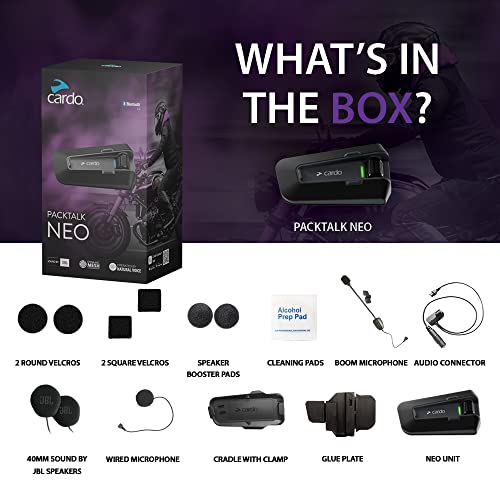Cardo Packtalk Neo Motorcycle Helmet Communication Intercom System, Waterproof, 2nd Generation Mesh - Connect Up to 15 Riders, Natural Voice Operation, 40mm High Definition Speakers - Single Pack - size: Single Pack