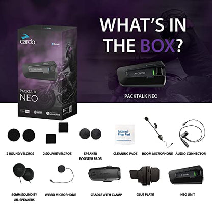 Cardo Packtalk Neo Motorcycle Helmet Communication Intercom System, Waterproof, 2nd Generation Mesh - Connect Up to 15 Riders, Natural Voice Operation, 40mm High Definition Speakers - Single Pack - size: Single Pack