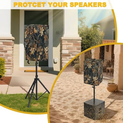 Brown Camo PA/DJ Speaker Cover with Drawstring Green Leaves Print Outdoor Speaker Stand Cover Open-Bottom Design Weatherproof Dustproof Protective Slipcover Size S - color: Brown Camo Green Leaves, size: S