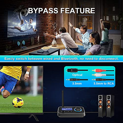 Bluetooth 5.3 Transmitter Receiver for 2 Headphones 3-in-1 Audio Adapter with Bypass Low Latency LCD Display ON/OFF Switch Volume Control Optical AUX RCA for Headphone Speaker TV Home Stereo - color: Single Antenna-GREY