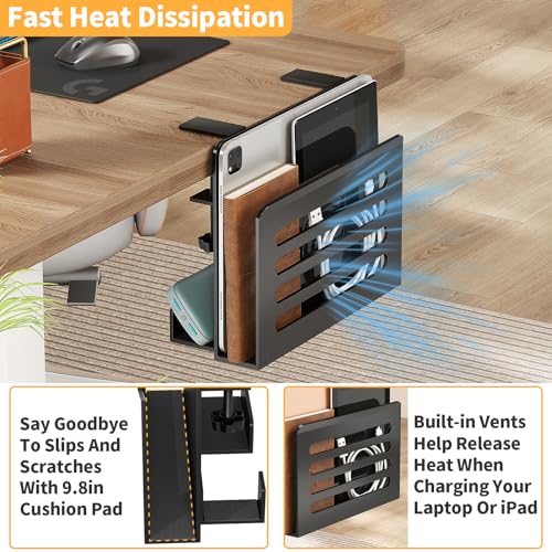 Space Saving Desk Side Storage No Drilling Under Desk Laptop Holder with Headphone Holder Cable Management Tray Carbon Steel Clamp Desk Storage Shelf Anti-Slip Magazine Holder for Home Office