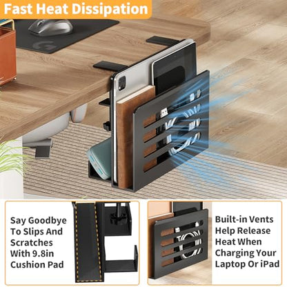 Space Saving Desk Side Storage No Drilling Under Desk Laptop Holder with Headphone Holder Cable Management Tray Carbon Steel Clamp Desk Storage Shelf Anti-Slip Magazine Holder for Home Office