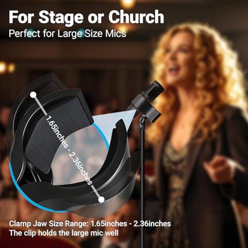2 Pack Microphone Clips, Durable and Adjustable Mic Clip for Stand, Compatible with Large Diameter Mics for Stage, Church, Studio