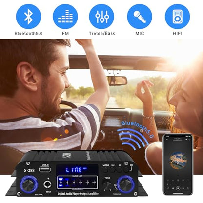 Stereo Audio Amplifier for Home Speakers S-288 Bluetooth 5.0 HiFi Mini Amp | Audio Component Amplifiers Receiver 4.0CH RMS 40Wx4 Max. 600W Integrated Power Amp W/USB,FM,Adapter - color: S-288(4.0CH 40W*4 RMS)