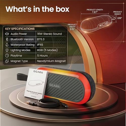 GEARit Golf Cart Speaker, Magnetic Bluetooth Speaker, 16W IPX6 Waterproof | Strong magnet mount + detachable strap, 16W audio, TWS stereo pairing, hands-free mic, RGB lights for golf, camping, pool - size: Golf SoundBrick - 16W