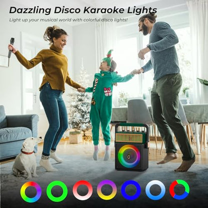 JYX Bluetooth PA Speaker System with 2 Wireless Mics, Retro 60W Karaoke Machine with LED Lights, Supports Recording, USB/TF/AUX/MIC Input for Home Party