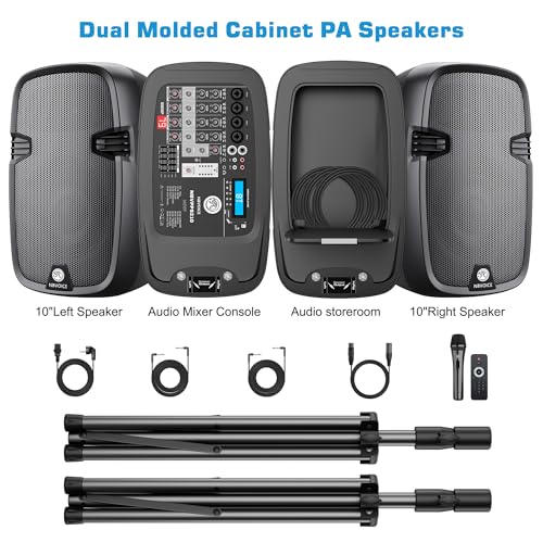 NBVOICE NBVPPS210DSP 10" 600W Professional Powered PA System with 99DSP Tech, 48V Phantom Power,8-Channel Mixer & Bluetooth 5.3,Tripods Included for DJ/Outdoor Events