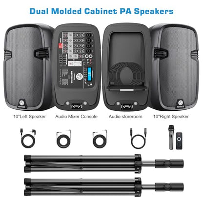 NBVOICE NBVPPS210DSP 10" 600W Professional Powered PA System with 99DSP Tech, 48V Phantom Power,8-Channel Mixer & Bluetooth 5.3,Tripods Included for DJ/Outdoor Events