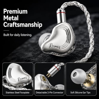 Rosmas Wired Earbuds with Mic, HiFi IEM Earphones SM10 Pro 5-Driver Hybrid in-Ear Monitors, 4BA+1DD Hybrid Driver System, Detachable 2-Pin Cable, 3.5mm Gaming Earphones for Music, Calls and PC - color: silver&3.5mm