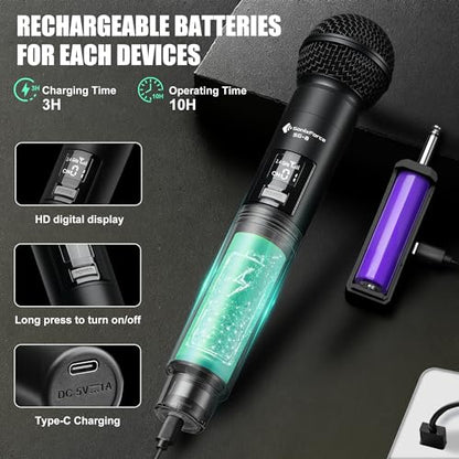 Wireless Karaoke Microphones, Singing Microphone for Speaker | Dual Handheld Mics with Receiver, 240ft Wireless Range, Plug-and-Play, 8hr Battery Life, USB Recharge - color: Black