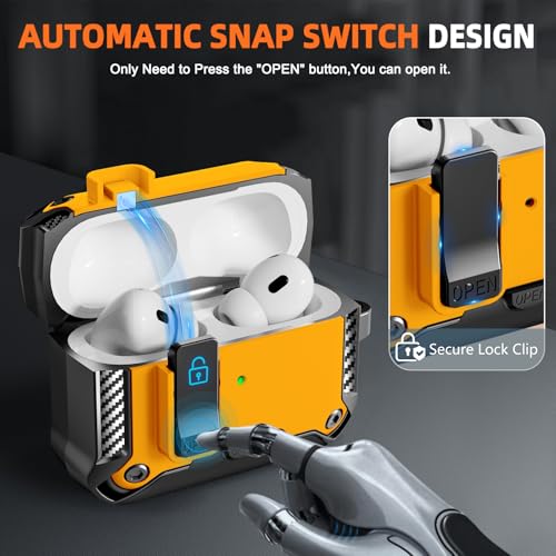 for AirPods Pro 1st/2nd Case with Lock & Phone Stand(Yellow) | Automatic Snap Switch Lock,Carbon Fiber Texture Design Cover with Cleaner Kit - color: BB-yellow