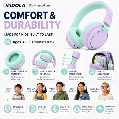 Kids Bluetooth Headphones Wireless 68 Hours,Safe Volume Limit 85/94dB | Adjustable Headband Foldable Over-Ear Lightweight for Toddler Girls Boys Tablet/iPad,HD Stereo,Built-in Mic,Light Purple - color: Light Purple