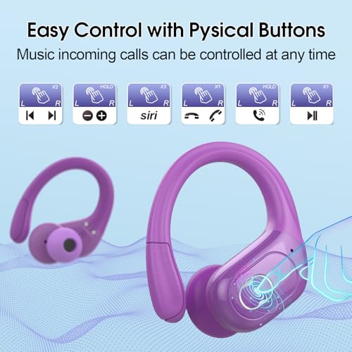 Wireless Earbuds 75H Bluetooth 5.4 Sport Headphones with Earhooks, Purple | IPX7 Waterproof In-ear Buds Feature ENC Noise Cancelling Mic & Deep Bass. Stereo Sound Device for Gym Running Workout - color: Purple