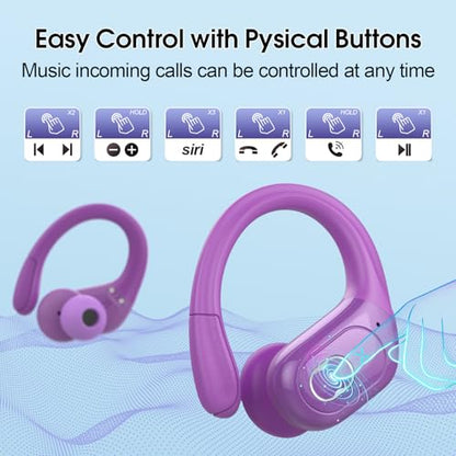 Wireless Earbuds 75H Bluetooth 5.4 Sport Headphones with Earhooks, Purple | IPX7 Waterproof In-ear Buds Feature ENC Noise Cancelling Mic & Deep Bass. Stereo Sound Device for Gym Running Workout - color: Purple