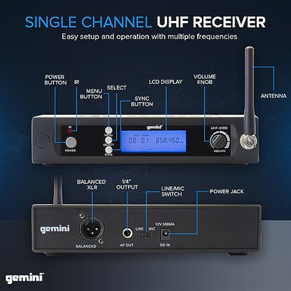 Gemini UHF Wireless Headset & Lavalier Mic System, 240 ft (UHF-6100HL) | UHF headset & lavalier mic, 512-537.5 MHz selectable - auto SYNC pairing - LCD display - balanced XLR & 1/4" outputs, 1U rack - style: Single Wireless Headset Mic System