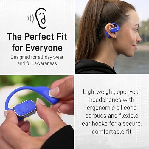 Groovz Open-Ear True Wireless Headphones with Smart Battery Display - Designed and Engineered in the USA - IPX5-Rated Bluetooth Open Ear Earbuds Compatible with Apple & Android - Classic Blue