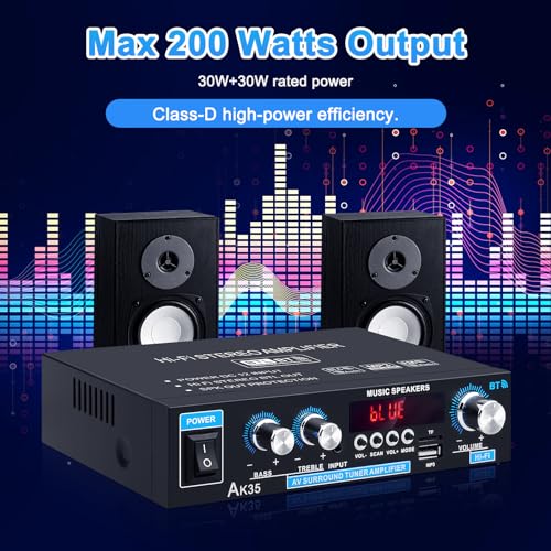 Home Audio Amplifier AK-35 HiFi Bluetooth 5.0 Mini Stereo Amp Receivers | 2.0 Channel RMS 30W x 2 Max. 200W Output with USB,AUX,FM Radio for Home Theater Speakers System - color: AK-35(2.0CH 30W+30W RMS)