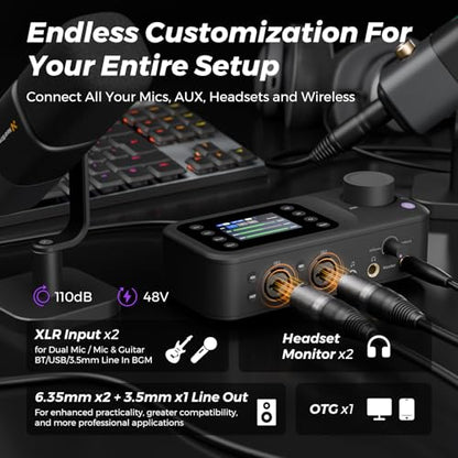 NearStream AMIX40U 10-Channel USB Audio Interface and Audio Mixer for PC | Dual XLR/6.35mm Inputs with 48V Phantom Power, Bluetooth 5.3, a 2-inch LCD for Podcast Recording and Live Streaming