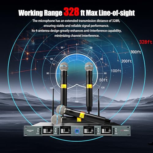 Wireless Microphone System, 4-Channel UHF Wireless Mic Set with 2 Handheld Mics, 2 Bodypack Mics, 328Ft Range, 4x60 Frequencies, Metal Cordless Microphone for Singing, Church, Karaoke