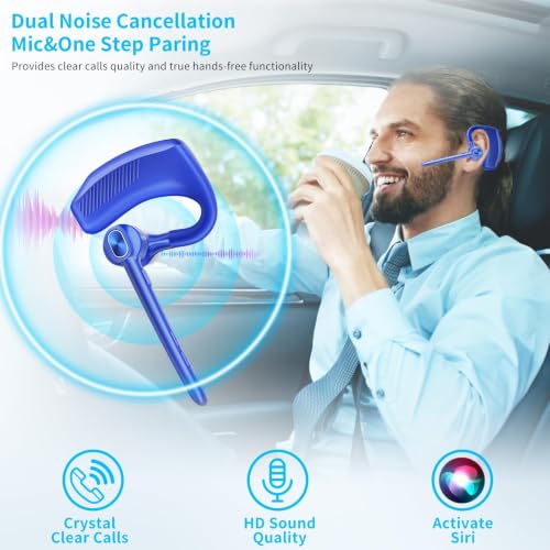 Bluetooth Headset Wireless Earpiece Single Ear Headset with Microphone | 180H Playtime 1000mAh Charging Case Wireless Charging LED Display Handsfree for iPhone Android PC Computer Trucker Drivers - color: Blue