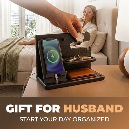 TESLYAR Wood Phone Docking Station for Men - Desk or Nightstand Organizer - Birthday Gifts for Husband, Dad - Anniversary Idea from Wife - Key Holder, Stand Wallet, Watch & Essentials (Bourbon Brown) | Mens Bedside Organiser with Key Holder, Wallet & Watc