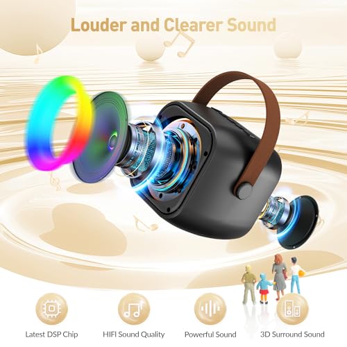 Mini Karaoke Machine, Portable Bluetooth Karaoke Speaker with 2 Wireless Microphones and Party Lights for Kids and Adults, Birthday Gifts for Girls Boys Family Home Party - color: Black