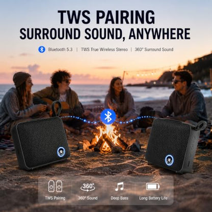 BP26 Portable Mini Bluetooth Speaker with FM Radio, IP68 waterproof and dustproof, 5 hours of playtime, TWS Pairing, Bluetooth 5.3, Ultra-Portable speaker for home, outdoor and travel (Black)