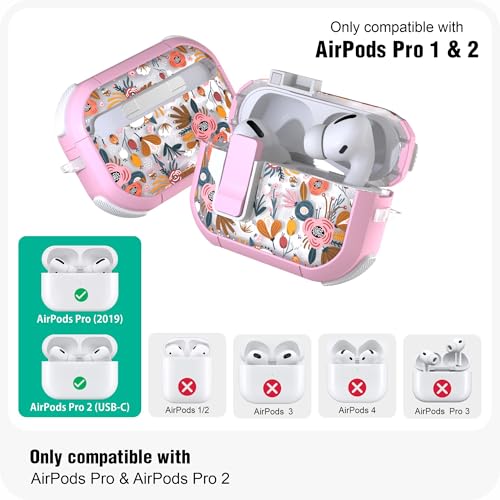 WENEW Case for AirPods Pro & Pro 2 Case Cover Secure Lock Automatic Snap Switch Clip Cleaner Kit Lanyard Women Stylish Flower Full Body Hard Shell Front LED Visible (Pink Flower, AirPods Pro & Pro 2) - color: Pink Flower, size: AirPods Pro & Pro 2