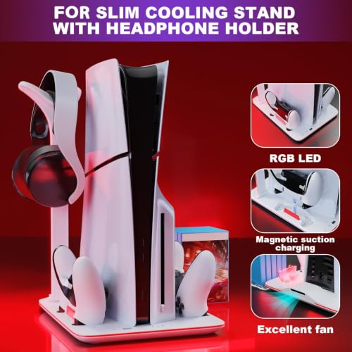 PS5 Cooling Station with Dual Controller Charger and RGB Lights | Cooling dock for PS5 Slim & PS5 Pro,dual controller charger,headset hook,7 RGB modes,not compatible with standard PS5 console