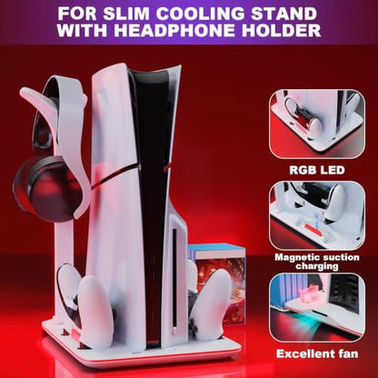 PS5 Cooling Station with Dual Controller Charger and RGB Lights | Cooling dock for PS5 Slim & PS5 Pro,dual controller charger,headset hook,7 RGB modes,not compatible with standard PS5 console