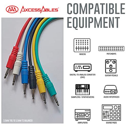 AxcessAbles 3.5mm TS Patch Cables | 1/8 Inch TS Aux Cable Pack (1ft, 6 Pack) | Eurorack Synthesizer Audio Cables | Multicolor Unbalanced Patch Cables - size: 1ft