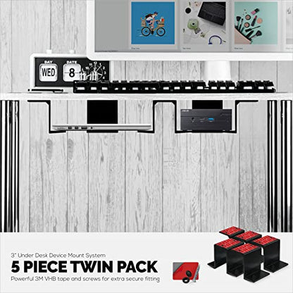 BRAINWAVZ Twin Under Desk Laptop & Device Holder Mount, Adhesive & Screw in, Devices Upto 3" Like Small Computers Laptops MacBook Surface Keyboard Routers Modems Cable Box Network Switch & More. - color: Black 2 pack