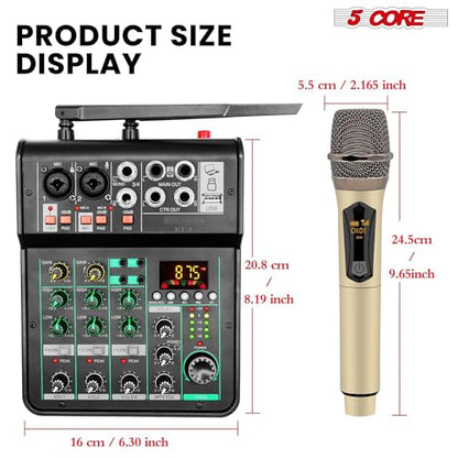 5 Core 4 Channel Audio Mixer with Bluetooth DJ Sound Controller XLR Microphone Studio Soundboard w +48V Phantom USB-A, MP3 Player Full EQ RCA Input/Output w Wireless Mic