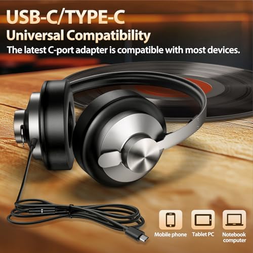 USB C Headphones Wired with Comfortable Ear Pads, Over Ear Bass HiFi Sound Foldable Travel Headphone, Durable Metal Frame, Compatible with iPhone 17/16/Samsung Galaxy S25/S24 Google Pixel 9 - Black