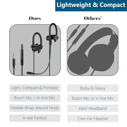 in-Ear Wired Earbuds with Ear Hooks, Gaming Headset & Boom Mic | Detachable Boom Mic, Lightweight & Secure Fit, for 3.5mm Device, Ideal Headphones for Gaming, Call Centers Use