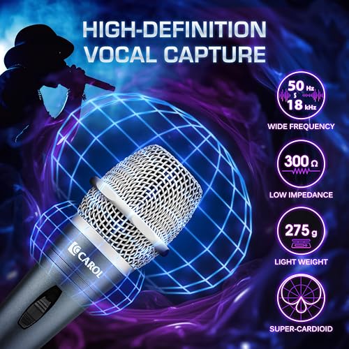 CAROL Edur-916S Silver XLR Wired Vocal Microphone for Singing－Supercardioid | Patented dual-shock-mount minimizes handling noise. Anti-rolling grille keeps the microphone secure on desk. - color: Silver