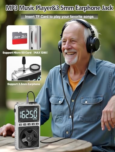 AM FM Shortwave Radio with NOAA Weather Alert,1250mAh Rechargeable | Bluetooth Portable Pocket Radio with Best Reception 5W Big Speaker Earphone,Support SD Card and USB Player Silver - color: Silver
