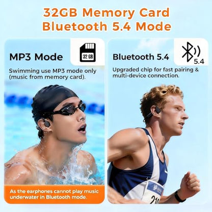 Full-Coverage Liquid Silicone Swimming Headphones, IP68 Waterproof Underwater Headphones, Bluetooth 6.0&MP3 with 32GB Memory Card, Soft/Skin-Comfortable Open Ear Bone Conduction Swim Earbuds