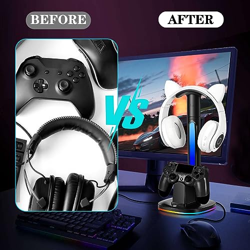 PS4 Controller Charger with RGB Headphone Stand, JDGPOKOO PS4 Controller Charger Dock Station with 2 USB Charging Ports, Headset Stand for PlayStation 4 Charging Station, Black