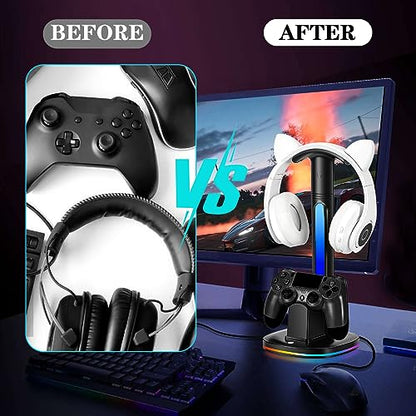 PS4 Controller Charger with RGB Headphone Stand, JDGPOKOO PS4 Controller Charger Dock Station with 2 USB Charging Ports, Headset Stand for PlayStation 4 Charging Station, Black