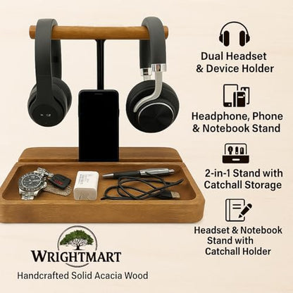 Dual Headphone Stand, Acacia Wood Holder for 2 Headsets, Phone & Tablet | Solid 1.5 in thick acacia wood dual headphone holder & device slot stand with tray for phone & tablet, office desk organizer - style: Dual Headphone Stand