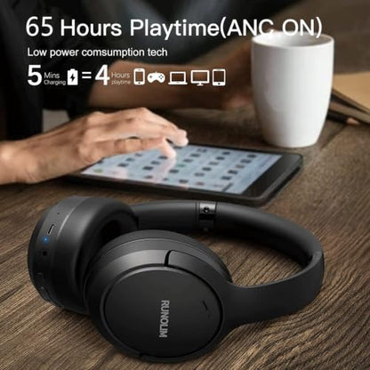 RUNOLIM Hybrid Active Noise Cancelling Headphones, Wireless Over Ear Bluetooth Headphones with Microphone, 100H Playtime, Foldable Headphone with HiFi Audio, Deep Bass for Home Travel Office - color: Black