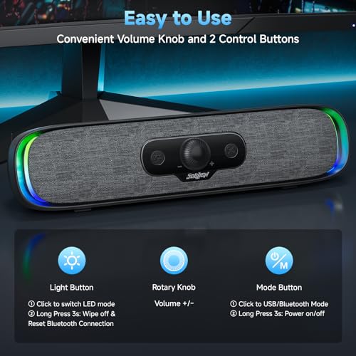 SOULION Computer Speakers, Wired USB Powered Bluetooth Sound bar for PC | USB Powered, Plug-N-Play, Rotary Control, 4 Dynamic Light Modes for Desktop Laptop Monitor Office Work Music
