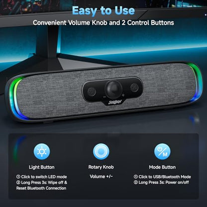 SOULION Computer Speakers, Wired USB Powered Bluetooth Sound bar for PC | USB Powered, Plug-N-Play, Rotary Control, 4 Dynamic Light Modes for Desktop Laptop Monitor Office Work Music