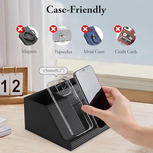 TopMade Wireless Charger Nightstand Organizer, Multi-functional Leather Home Office Supplies, Fast Charging Station for iPhone, Remote Control Pen Holder, Desktop Storage (Black Carbon Fiber) - color: Black Carbon Fiber