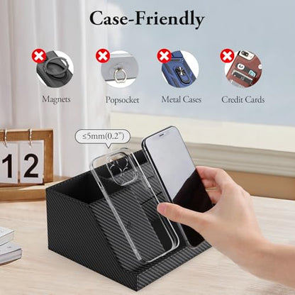 TopMade Wireless Charger Nightstand Organizer, Multi-functional Leather Home Office Supplies, Fast Charging Station for iPhone, Remote Control Pen Holder, Desktop Storage (Black Carbon Fiber) - color: Black Carbon Fiber